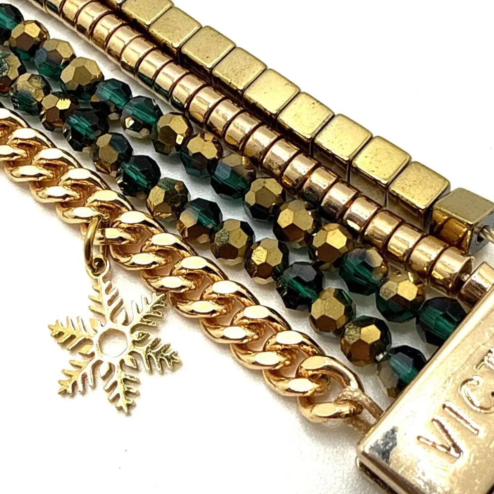 Victoria Emerson Multi Strand Bracelet Green Bead Christmas Tree Star Charms 7.5